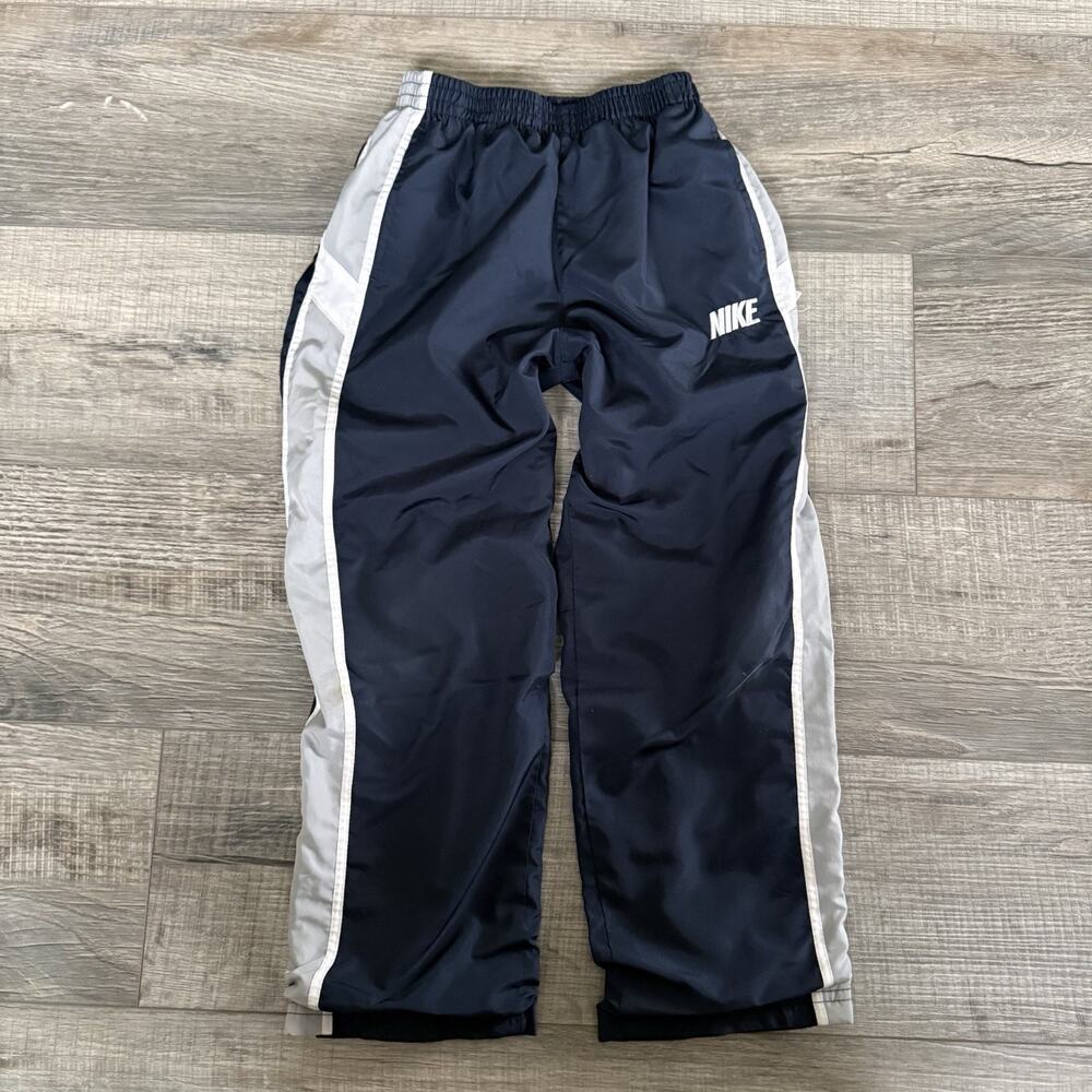 Vtg Y2K Nike Track Pants Logo Size 6 Kids Navy Blue White Baggy Wide Zip Leg